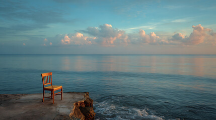 Empty wooden chair on concrete pier overlooking calm sea at sunrise, serene ocean horizon with pastel sky