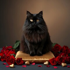 Luxury Black Cat with Gold Hearts and Red Roses for Valentine&rsquo;s Day