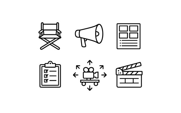 Collection of film production icons including director's chair, megaphone, storyboard, and clapperboard