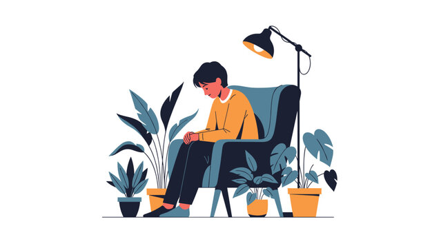 Sad young man sitting dejectedly in an armchair under a lamp surrounded by many potted plants in a quiet room.