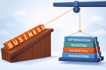 Business growth and strategy concept with balance scale, optimization, investing, marketing and innovation
