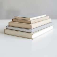 Stack of books with plain covers sits on white desk minimal background