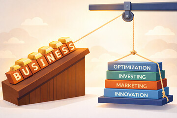 Business growth concept with balance scale, optimization, investing, marketing and innovation