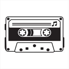 Black and white graphic illustration of a vintage cassette tape with a musical note audio