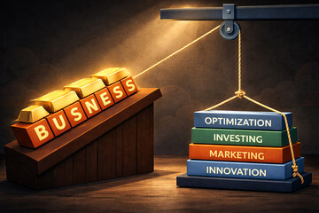 Business growth concept with balance scale, optimization, investing, marketing and innovation