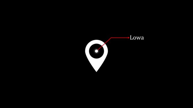 location of the city of Lowa on black screen. The name of the place with the location has been displayed black and white looped animation. Abstract GPS location tracking icon.