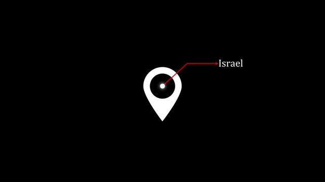 location of the city of Israel on black screen. The name of the place with the location has been displayed black and white looped animation. Abstract GPS location tracking icon.