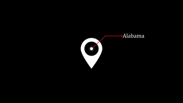 location of the city of Alabama on black screen. The name of the place with the location has been displayed black and white looped animation. Abstract GPS location tracking icon.