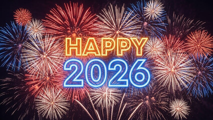 A vibrant display of colorful fireworks exploding in the night sky with a Happy 2026 message