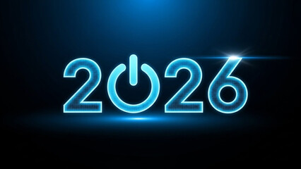 A futuristic neon sign displaying the year 2026 with a power symbol in the middle on a dark background