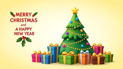 A festive Christmas tree surrounded by colorful presents and holiday decorations on a bright yellow background with a merry message.