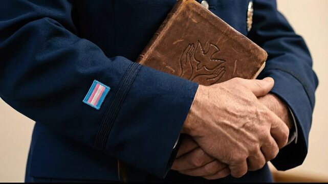 Close Up of Transgender Chaplain Hands Holding Faith Symbol