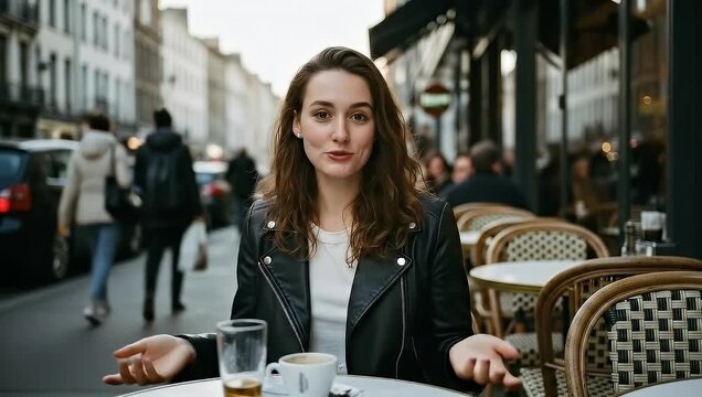 Young Woman in Leather Jacket at Parisian Cafe, Smiling and Looking Away