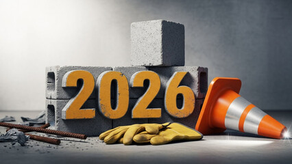 A construction site with cinder blocks, rebar, and a traffic cone indicating a future project deadline in 2026