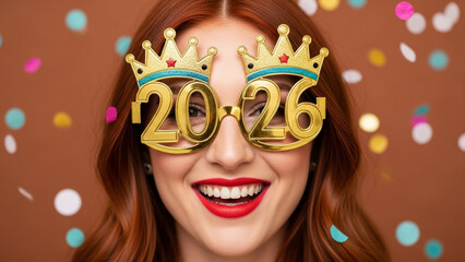 A smiling woman wearing festive glasses and a crown for a New Year's Eve celebration in 2026.