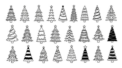 A collection of variously decorated Christmas trees in black and white illustrations