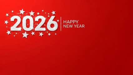 A vibrant red background with a Happy New Year 2026 message in white text and stars