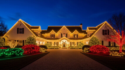 A large house with Christmas lights on the roof and bushes in the yard at night