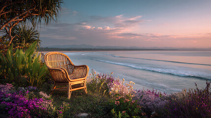 Rattan armchair placed on a grassy cliff overlooking the ocean with gentle waves at sunset