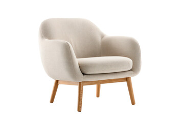 Beige upholstered armchair with rounded backrest on wooden legs