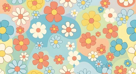 A colorful floral pattern featuring various flowers in shades of pink, blue, yellow, and white.