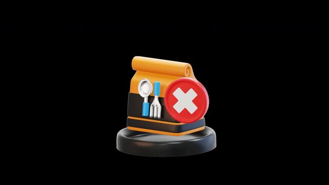 4K 3D Animation of Canceled Food Order with Takeout Bag and Red Cross Icon