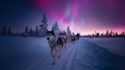 A team of huskies runs through snowy terrain beneath vibrant northern lights, capturing Arctic adventure and natural wonder.