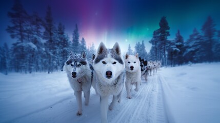 Huskies leading a sled under vibrant northern lights in a snowy forest, symbolizing adventure and winter wilderness exploration.