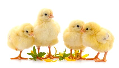 Obraz premium Four yellow chicks standing on white background with leaves