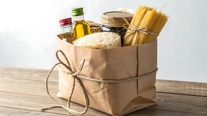 Brown paper grocery bag filled with pantry staples