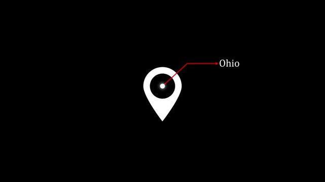 location of the city of Ohio on black screen. The name of the place with the location has been displayed black and white looped animation. Abstract GPS location tracking icon.