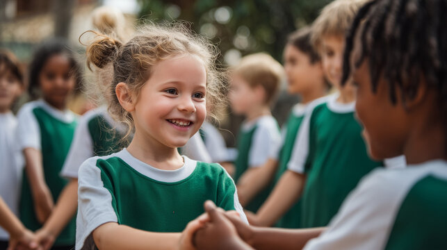 a group of cheerful diverse children in green and white uniforms holding hands in a circle during outdoor physical education, focusing on a smiling young girl with pigtails.