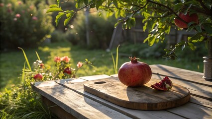 Ripe Pomegranate on Wooden Table in Sunny Garden