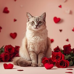 Elegant Cat with Roses and Hearts for Valentine&rsquo;s Day on Luxury Studio Background