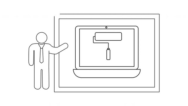 One Line Drawing of Presentation with Paint Roller on Laptop.