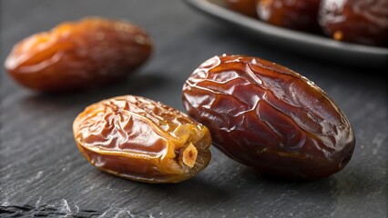 Closeup of Perfectly Ripe Dates on Dark Slate