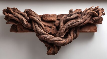 Intricate terracotta sculpture masterfully captures the powerful intertwining of thick wooden roots set against a rustic brick backdrop creating compelling wall art