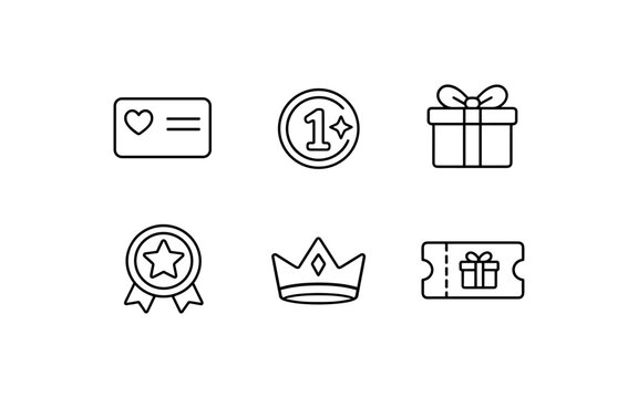 Set of six reward and achievement icons including a gift, coin, crown, and ticket