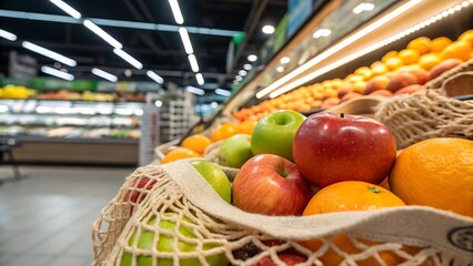 Fresh Apples and Oranges in Grocery Store Produce Display