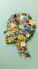 Colorful Flowers Leaves Human Head Pastel Green Background Central Nervous System Symbol