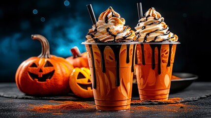 Spooky Halloween Pumpkin Spice Drinks with Jack-o'-Lanterns on Dark Background