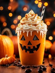 Festive Halloween Pumpkin Spice Latte with Whipped Cream and Bokeh Background