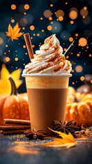 Cozy Pumpkin Spice Latte with Whipped Cream, Cinnamon, and Autumn Decor