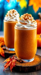 Cozy Autumn Pumpkin Spice Drink with Whipped Cream and Cinnamon - Fall Beverage