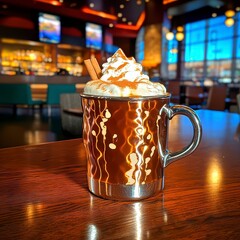 Gourmet Hot Chocolate with Whipped Cream and Cinnamon in Cozy Bar