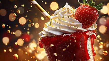 Luxurious Strawberry Dessert with Whipped Cream and Gold Sprinkles on Bokeh Background