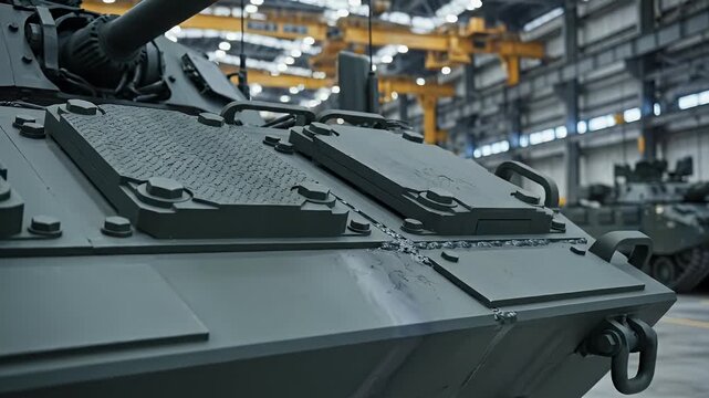 Detailed view of a military armored vehicle's robust hull and turret base within a sprawling industrial manufacturing facility.