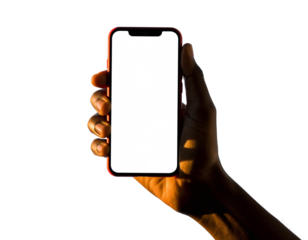 Hand Holding Smartphone with Blank White Screen in Dramatic Light mobile