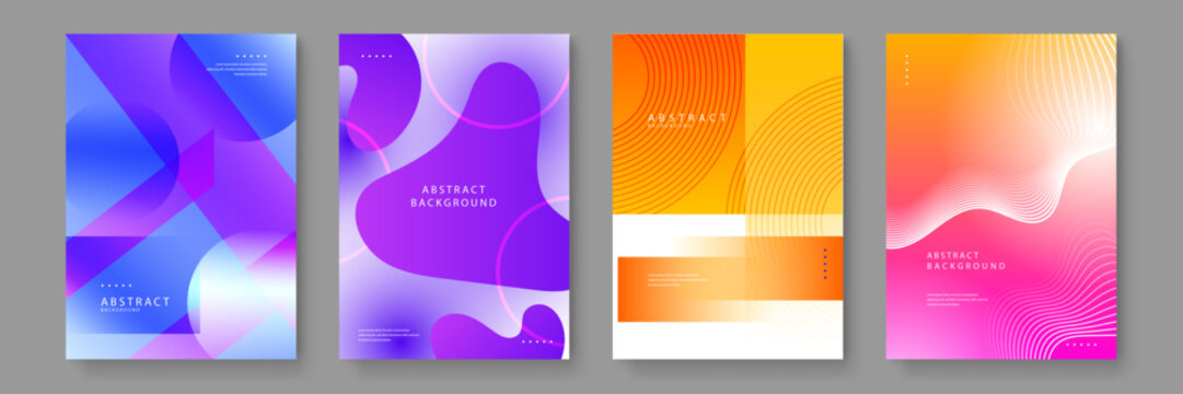Four abstract background templates with bold purple organic shapes and warm orange geometric patterns combined with thin curved lines