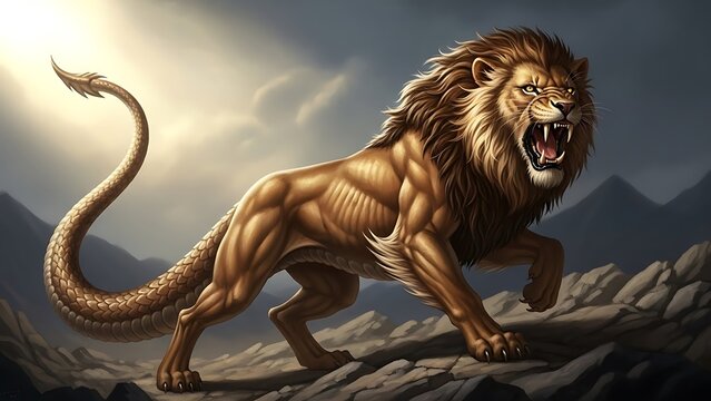 A mythical lion like creature with a scorpion tail standing on a rocky outcrop